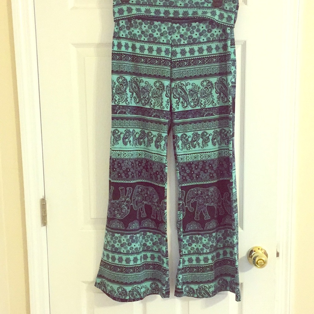 Green and navy elephant palazzo pants